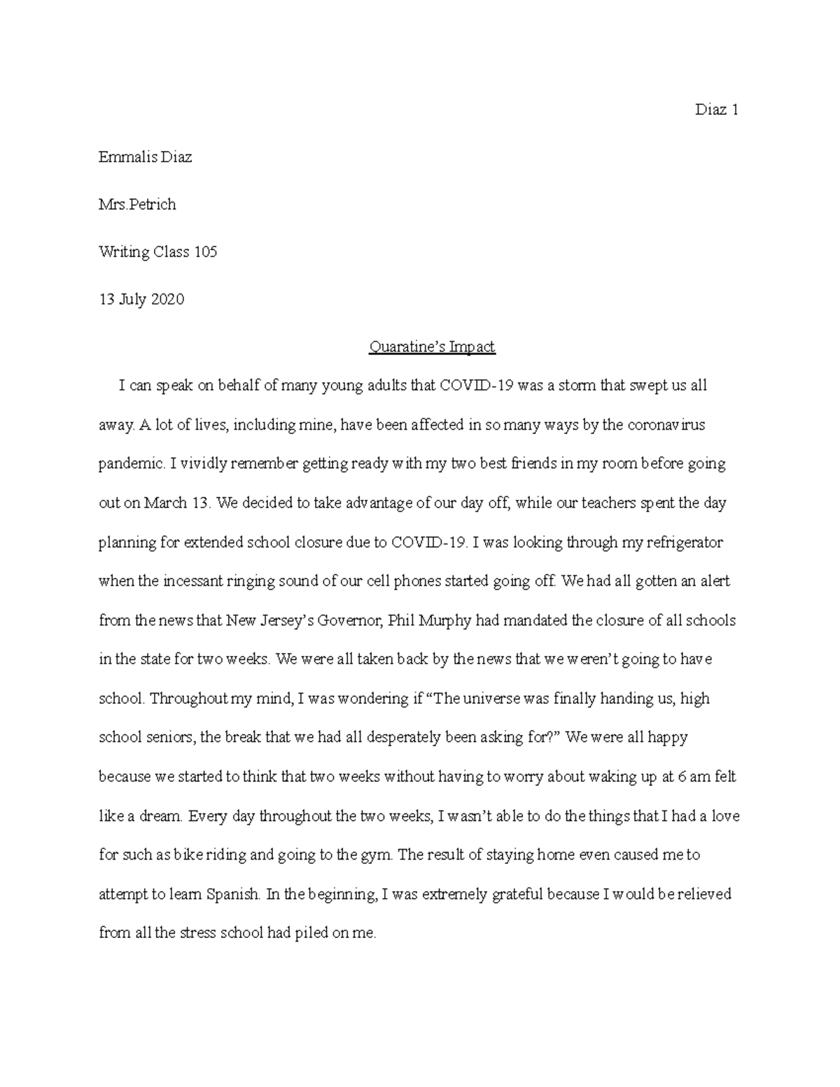 sample personal narrative essay in which paragraph does the writer provide insightful reflection