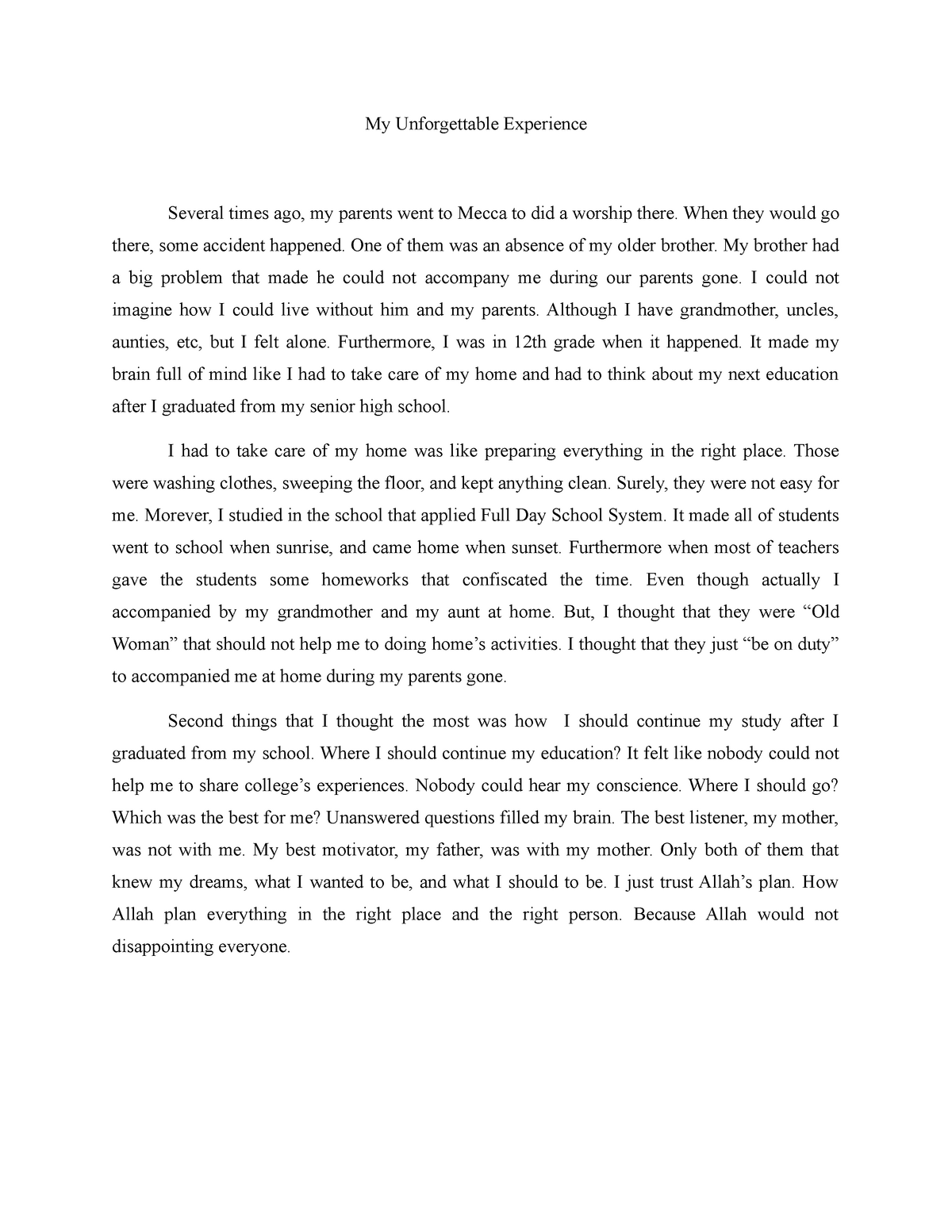sample essay about unforgettable experience