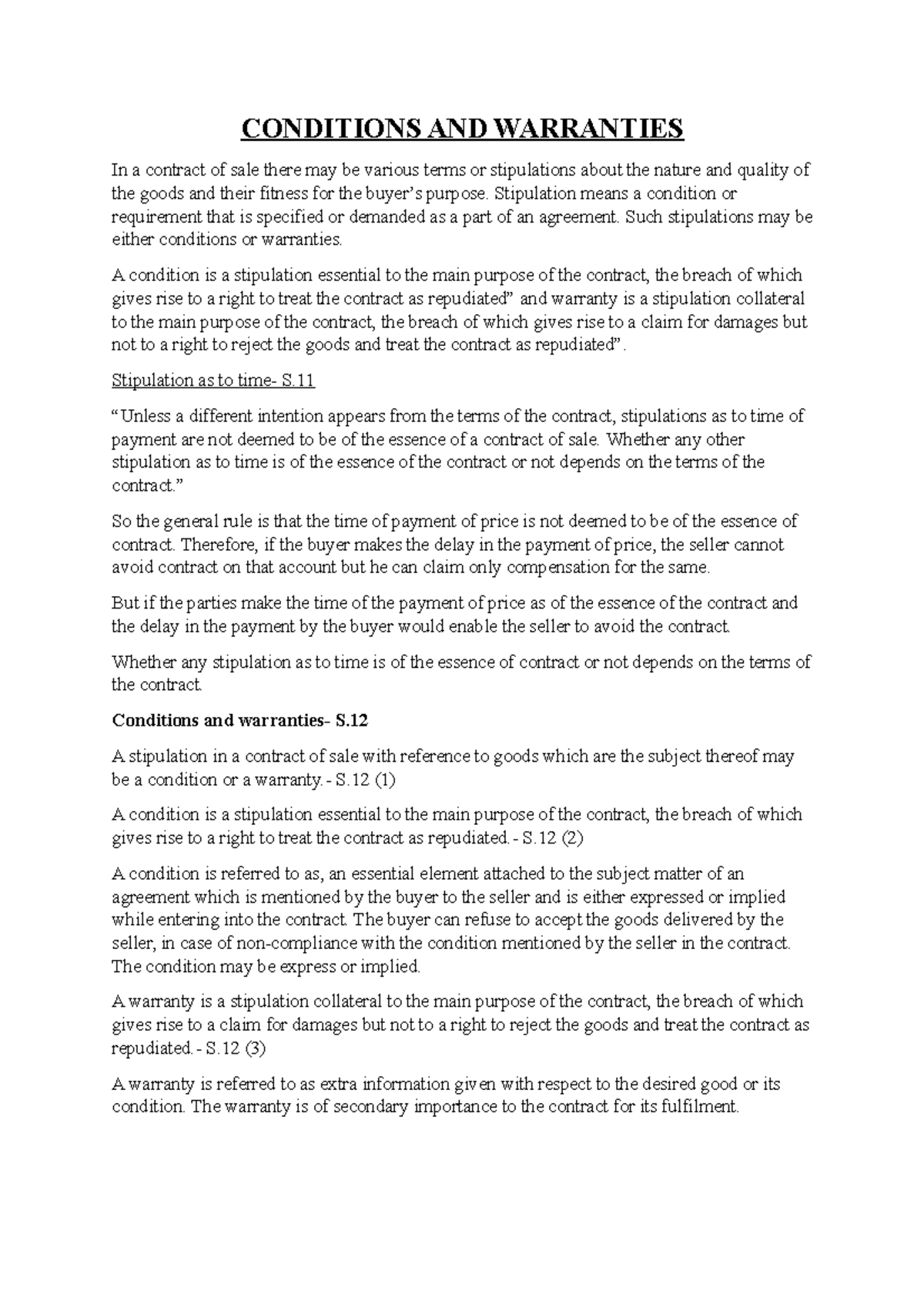 Conditions Warranties caveat emptor CONDITIONS AND WARRANTIES In a