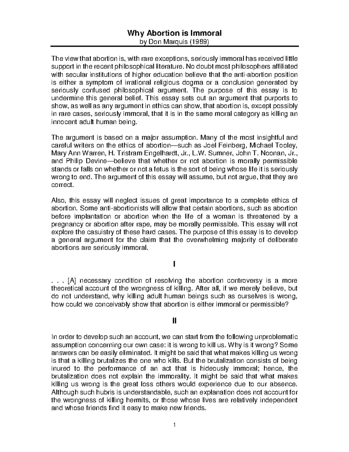 Marquis - Essay - Why Abortion is Immoral by Don Marquis (1989) The ...