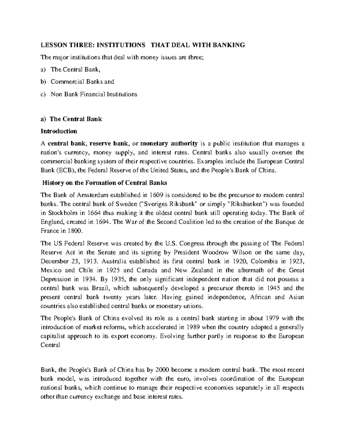 Lesson Three Institutions THAT DEAL WITH Banking LESSON THREE