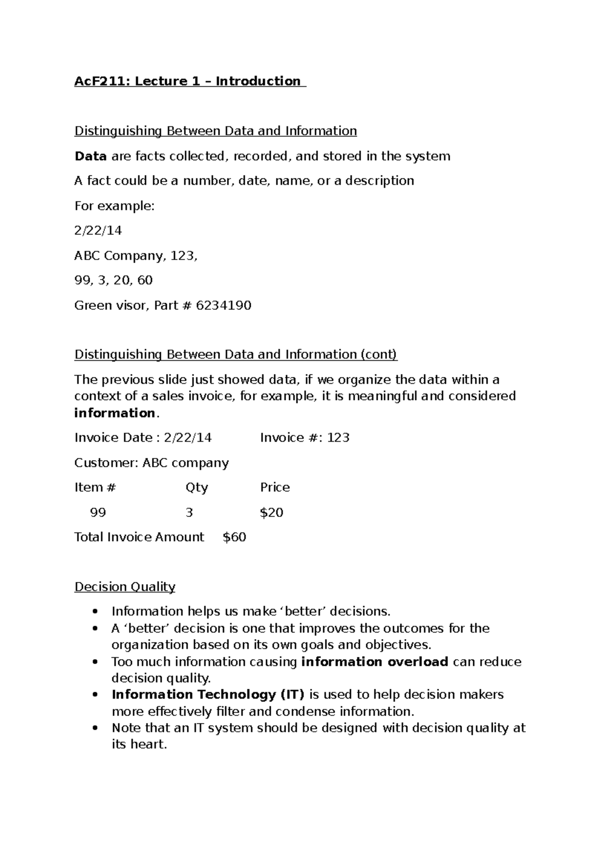 Ac F211 Lecture 1: Understanding Data vs Information - AcF211: Lecture ...