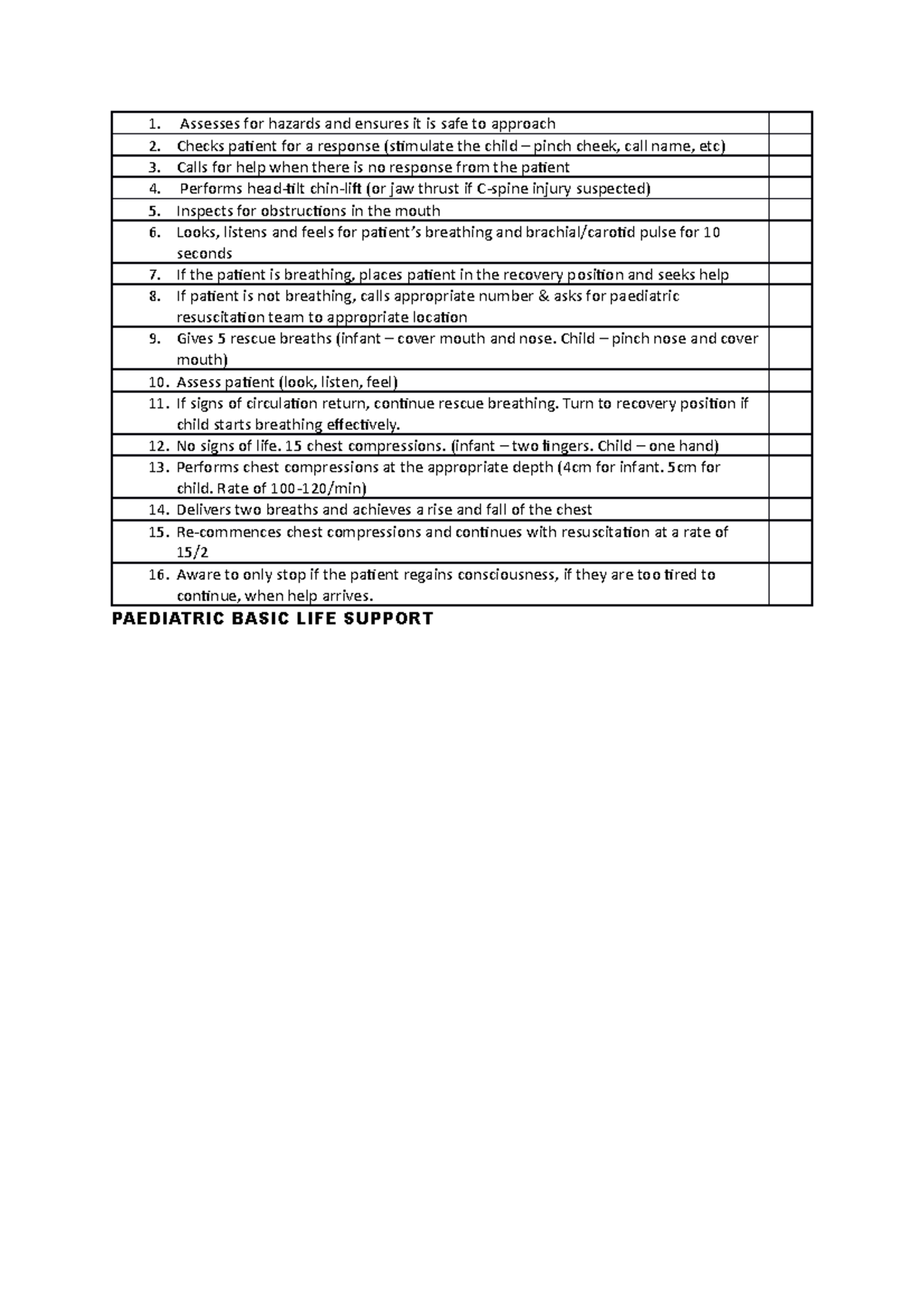 Paeds BSL - Osce checklist - Assesses for hazards and ensures it is ...