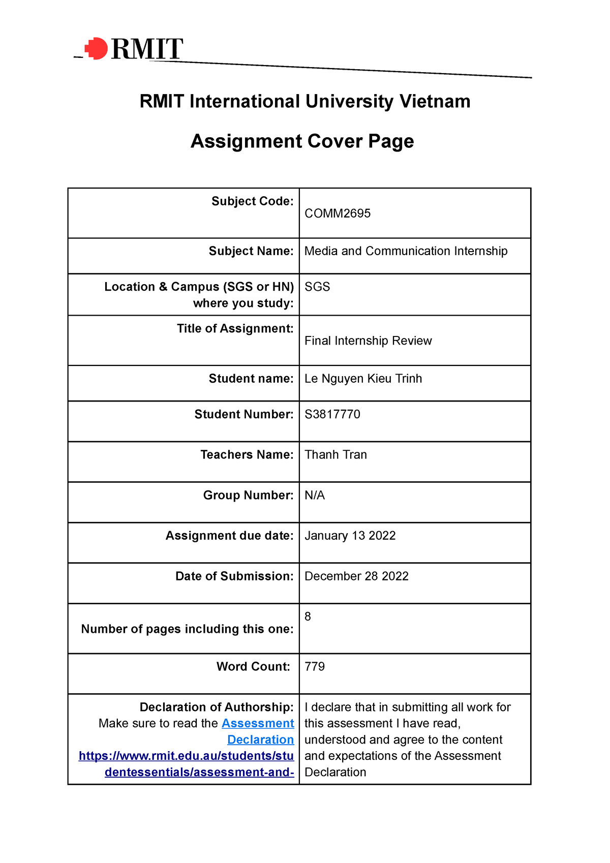 rmit assignment cover sheet