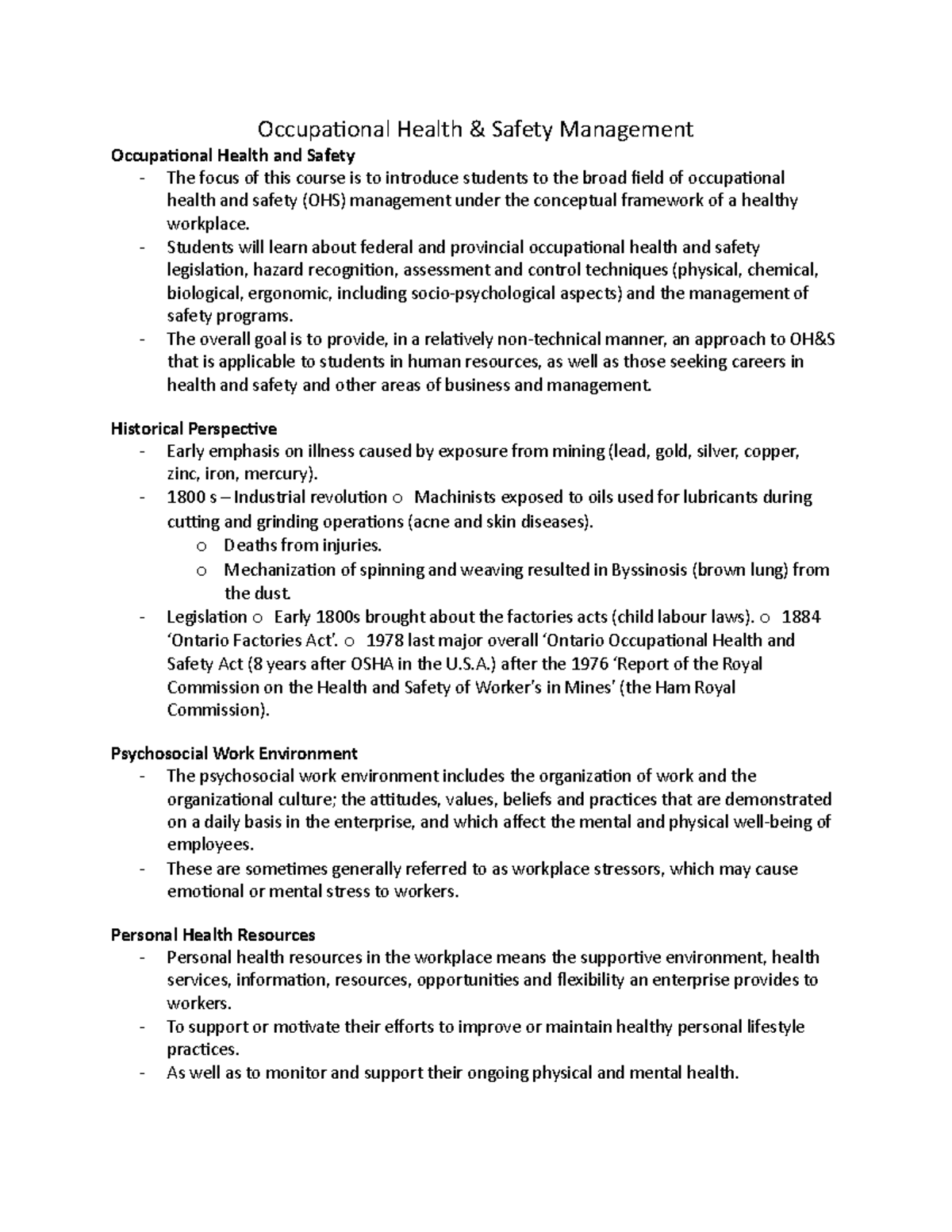 Occupational Health Notes Occupational Health & Safety Management