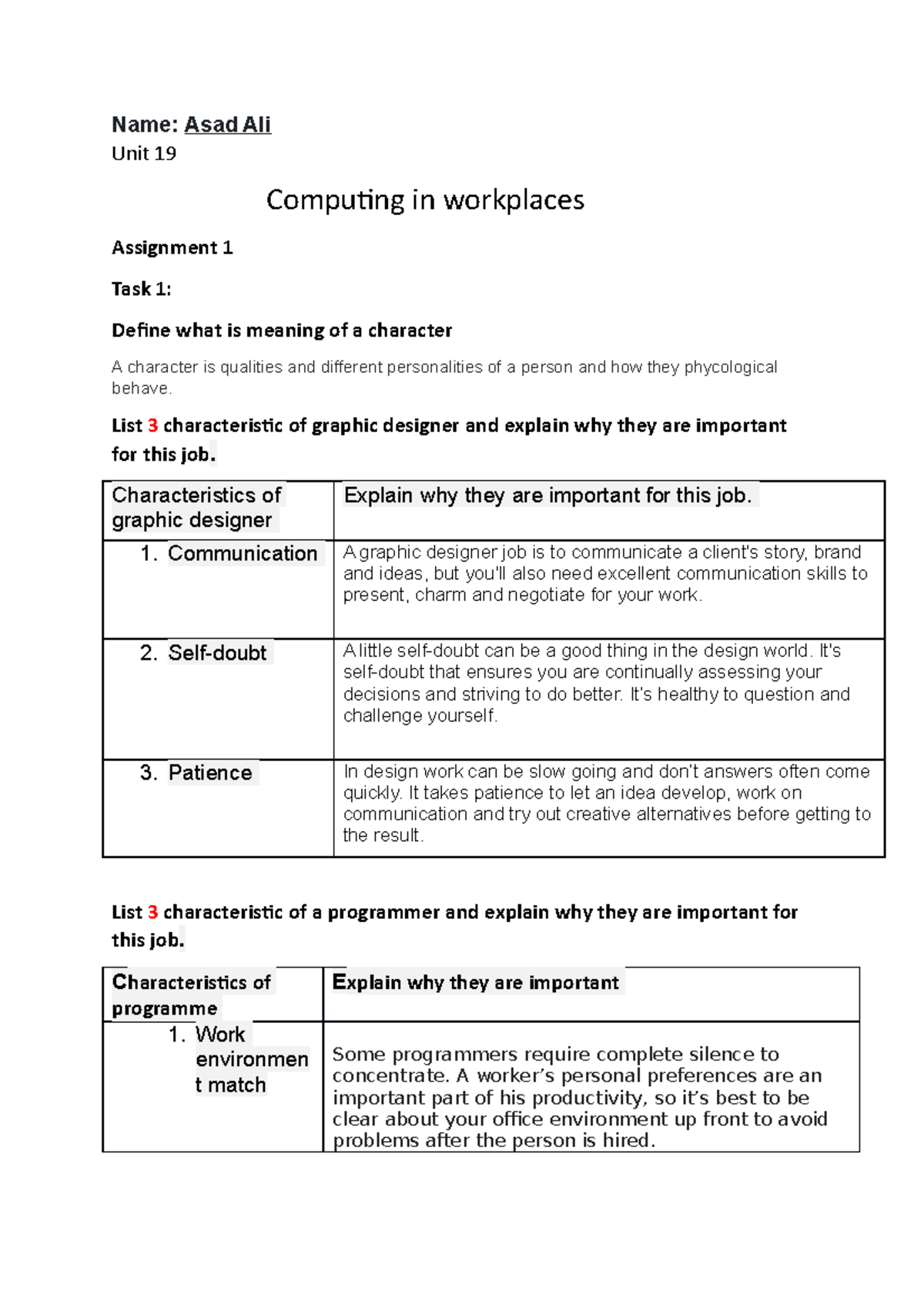 Sample Assignment 1 - Name: Asad Ali Unit 19 Computing in workplaces ...