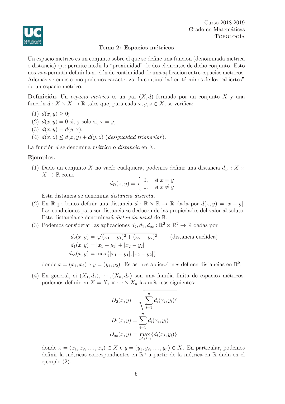 T2 Resumen - Curso 2018- Grado En Matem ́aticas Topolog ́ıa Tema 2 ...