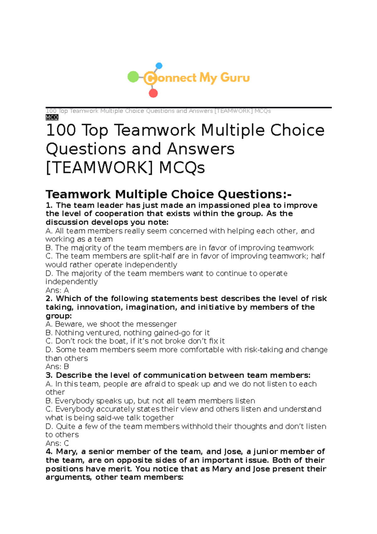 Mcq - Important Qs - 100 Top Teamwork Multiple Choice Questions And ...