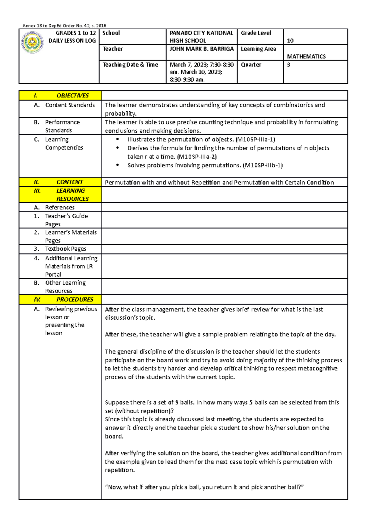 Pernut without repetition and with certain condition lesson plan ...