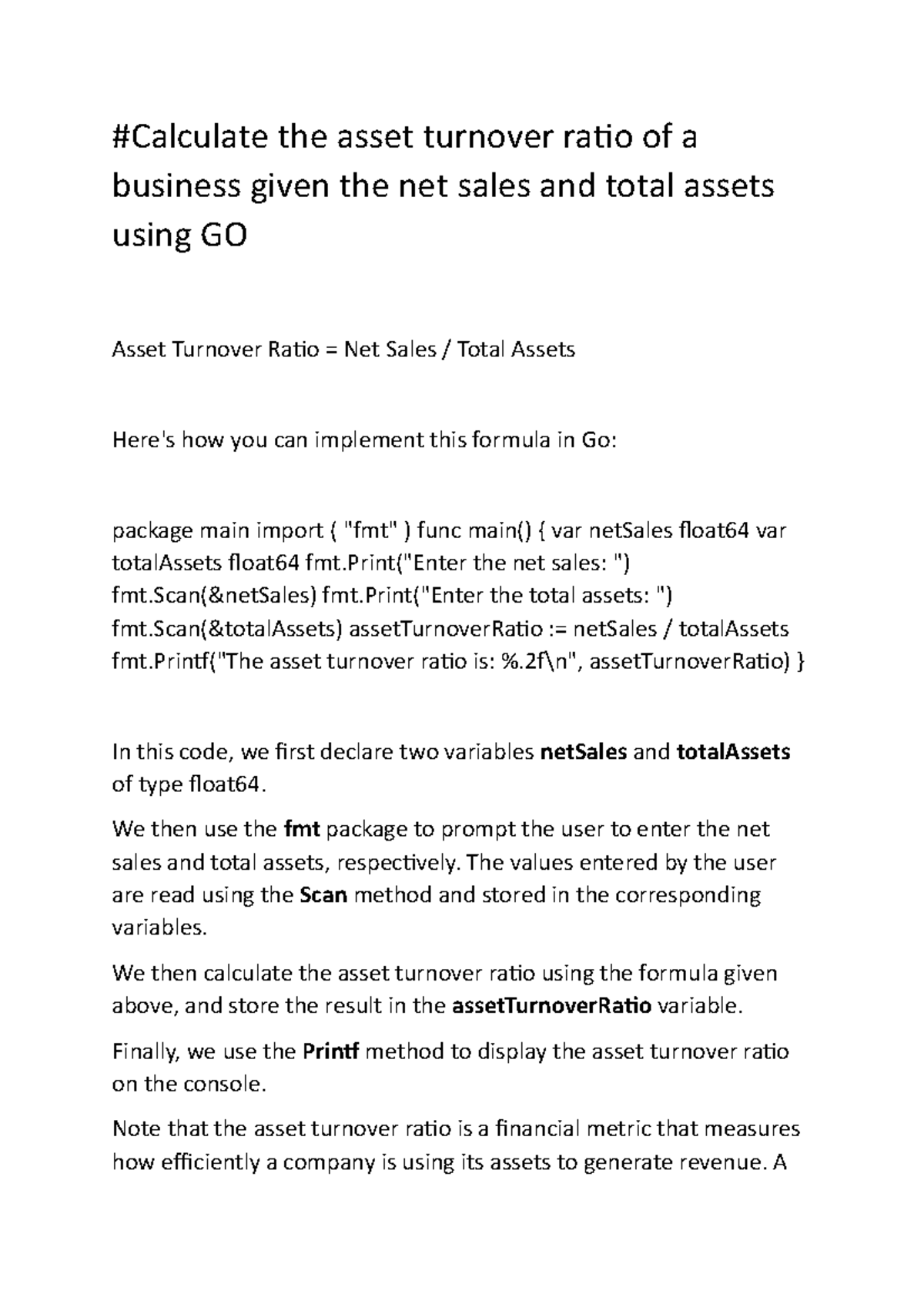 Net sales and total assets using GO - #Calculate the asset turnover ...