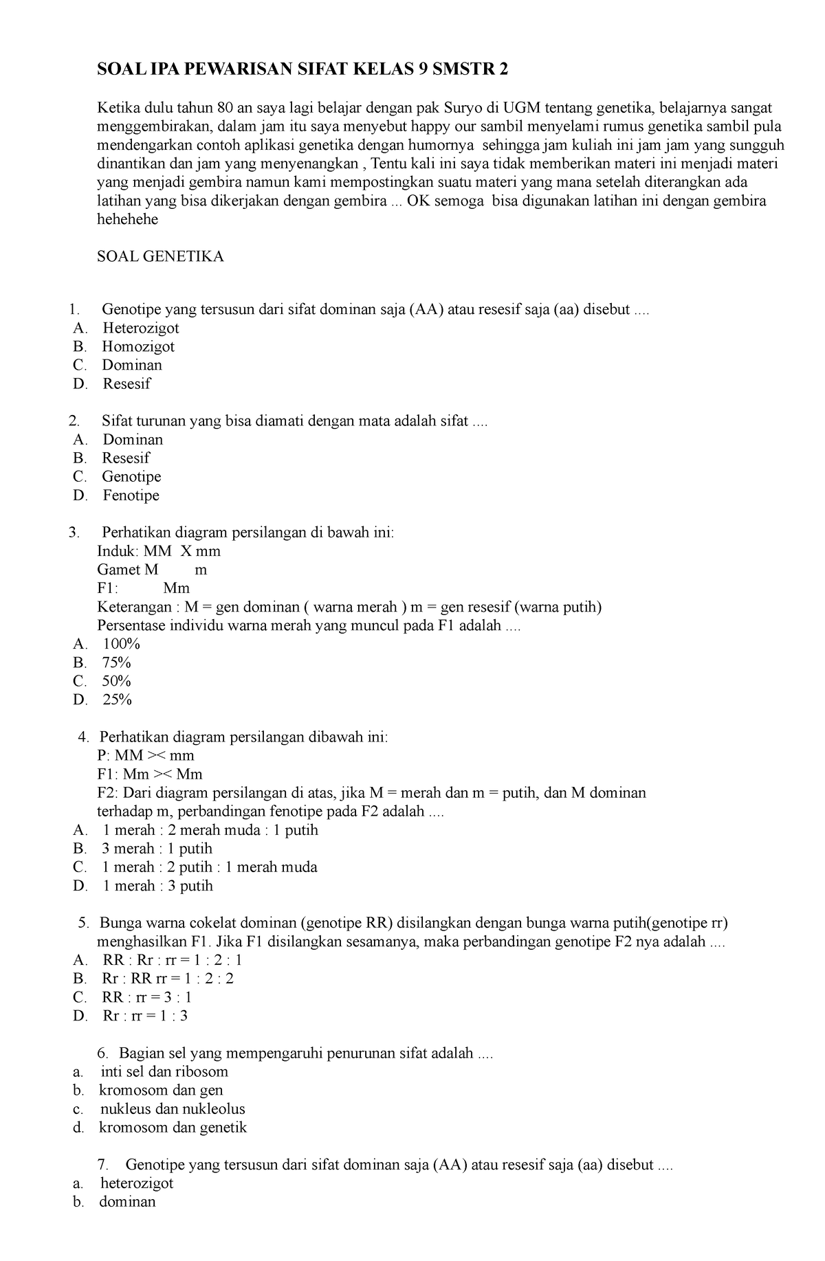 SOAL IPA Pewarisan Sifat Kelas 9 Smstr 2 - SOAL IPA PEWARISAN SIFAT ...