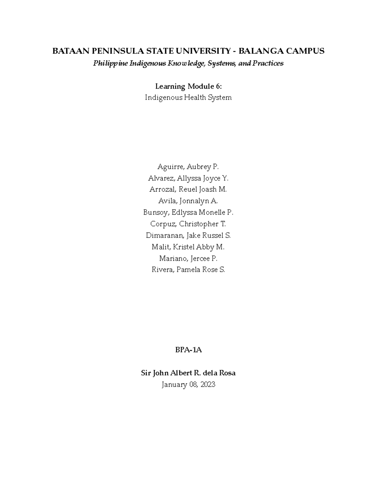 PikspModule 6 Philippine Indigenous Module BATAAN PENINSULA STATE