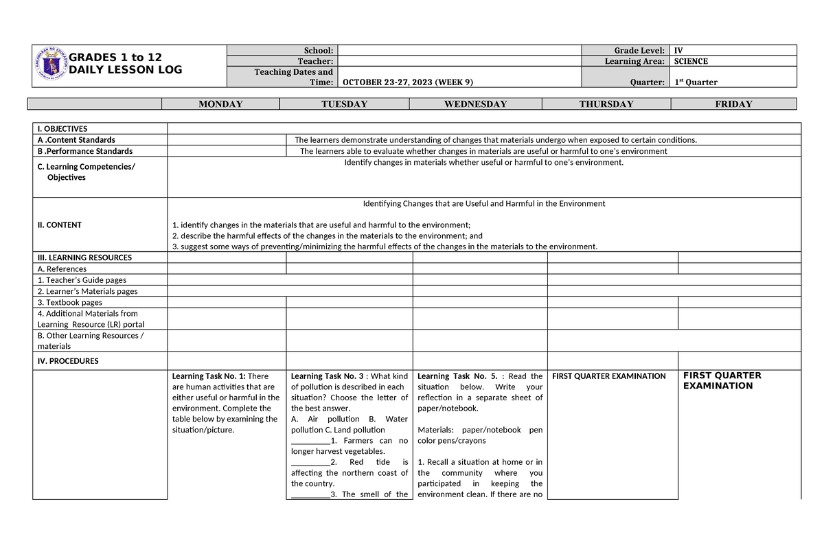 DLL Science 4 Q1 W9 - SAMPLE DLL - GRADES 1 To 12 DAILY LESSON LOG ...