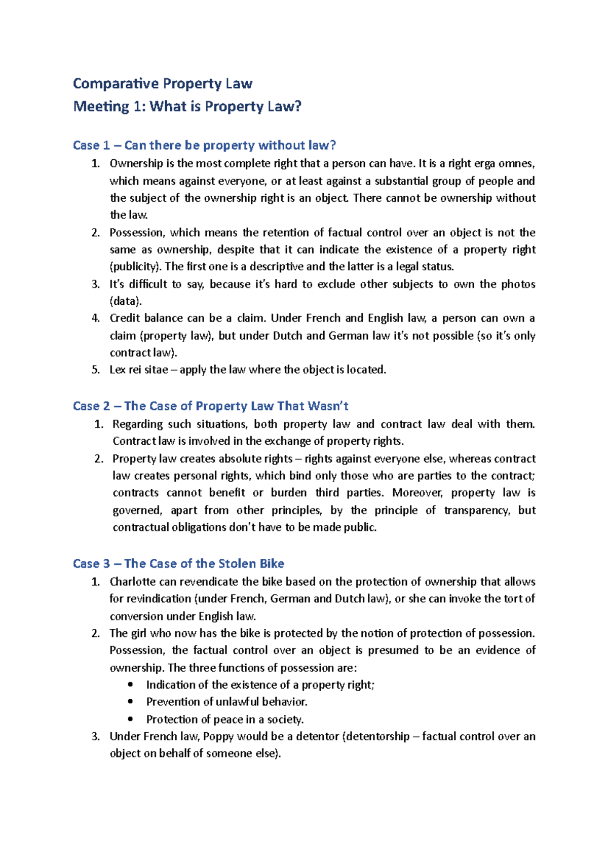 Meeting 1 summaary Comparative Property Law Meeting 1 What is