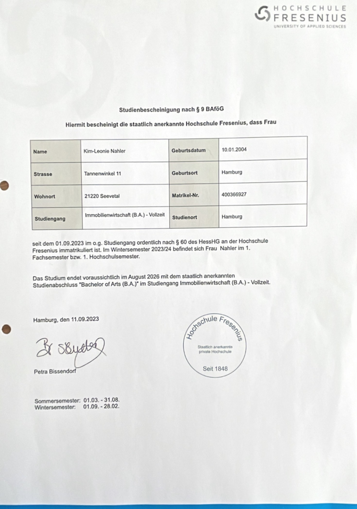 Studienbescheinigung - Immobilienwirtschaft - Studocu