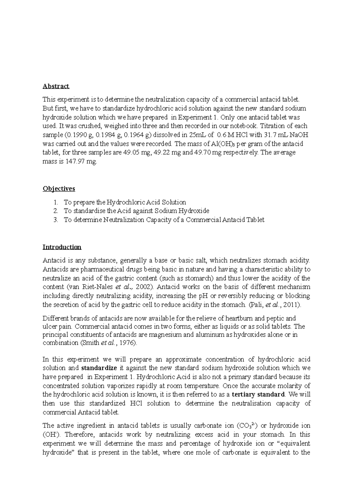 CHM 421 Experiment 1 Antacid Tablet Neutralization Abstract This