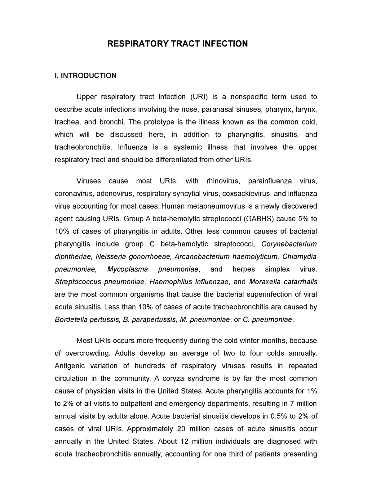 Respiratory Tract Infection - I. INTRODUCTION Upper Respiratory Tract ...