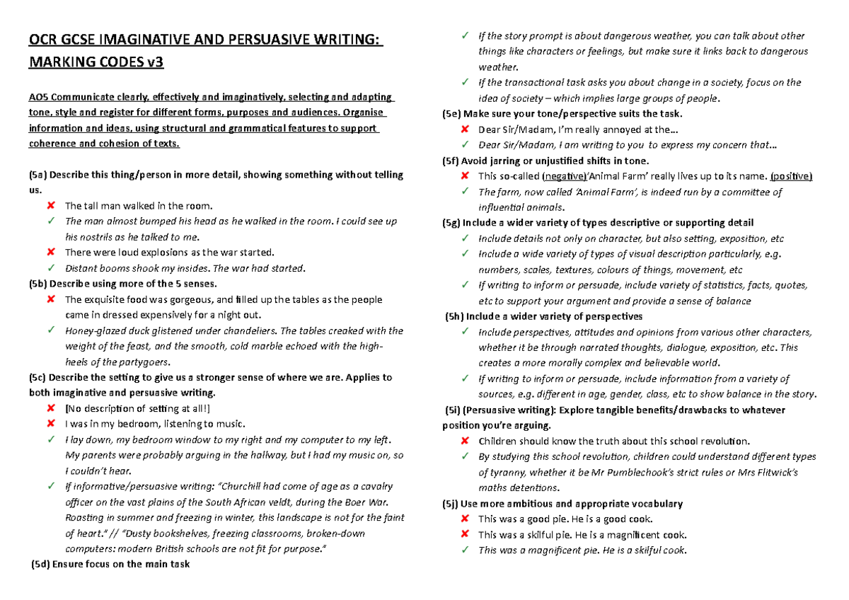 English Marking Codes - yes - OCR GCSE IMAGINATIVE AND PERSUASIVE ...