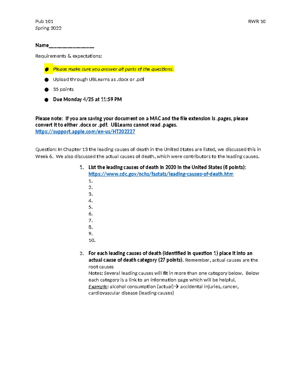 RWR 10 Spring(1) - Professor G - Pub 101 RWR 10 Spring 2022 Name ...