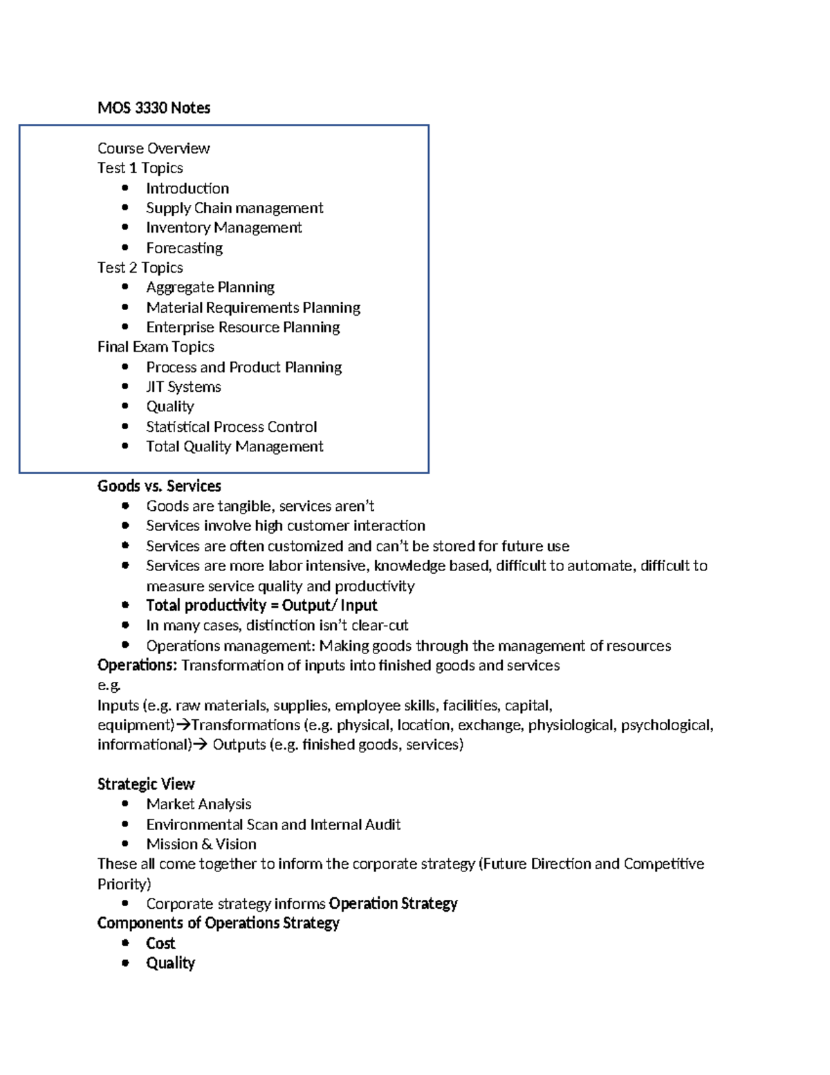 MOS 3330 Notes - MOS 3330 Notes Course Overview Test 1 Topics ...
