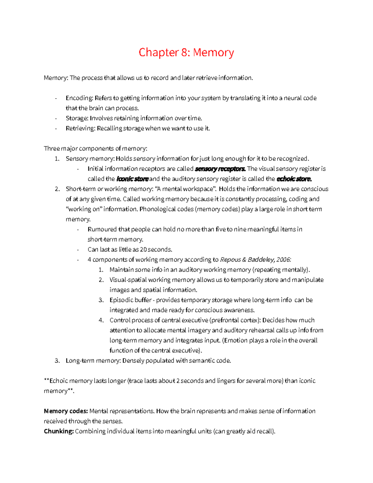 Psych 104 Chapters 8 & 11 - Pete Hurd - Chapter 8: Memory Memory: The ...