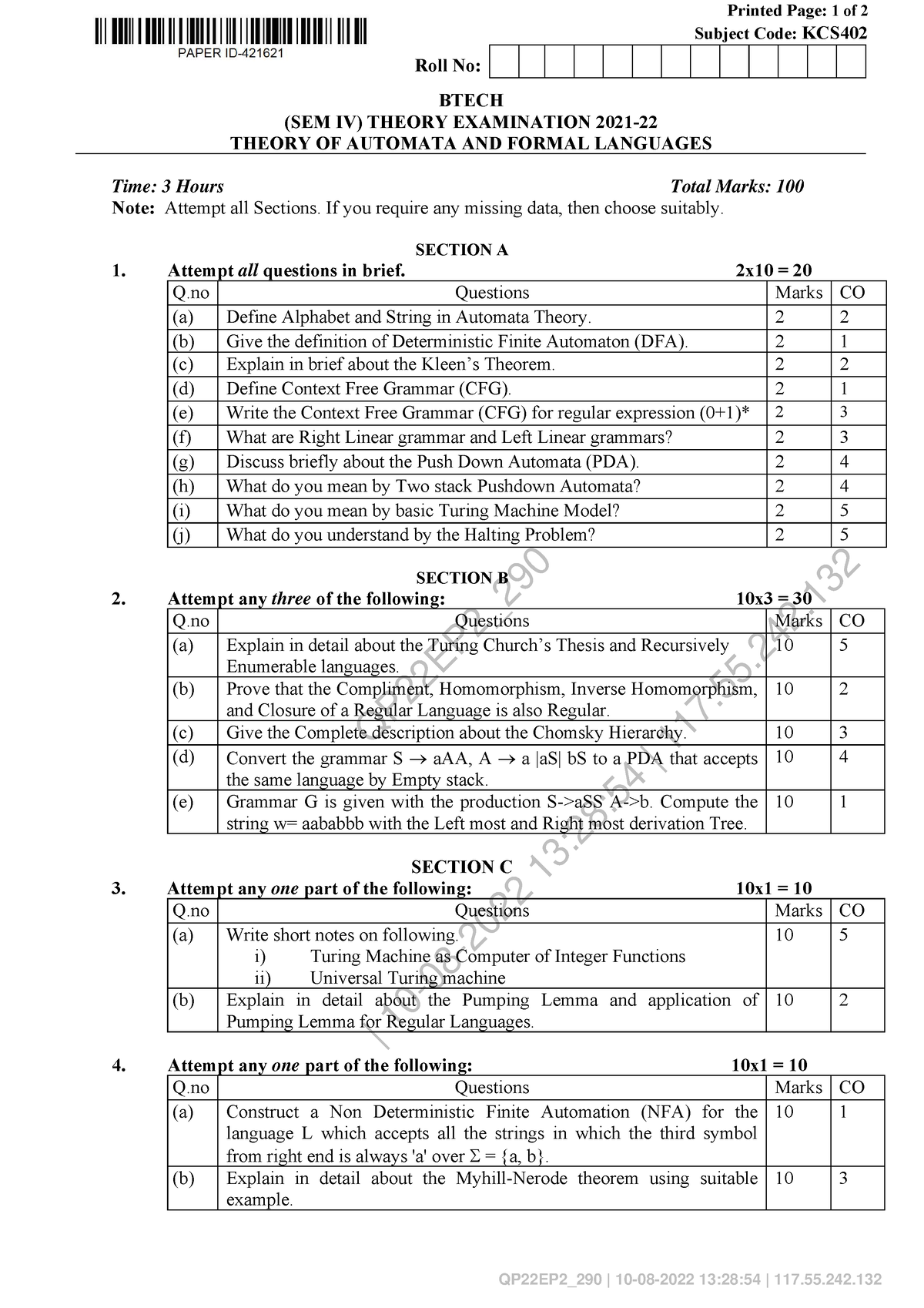 Theory OF Automata AND Formal Languages KCS402 - QP22EP2_ | 10-08-2022 ...