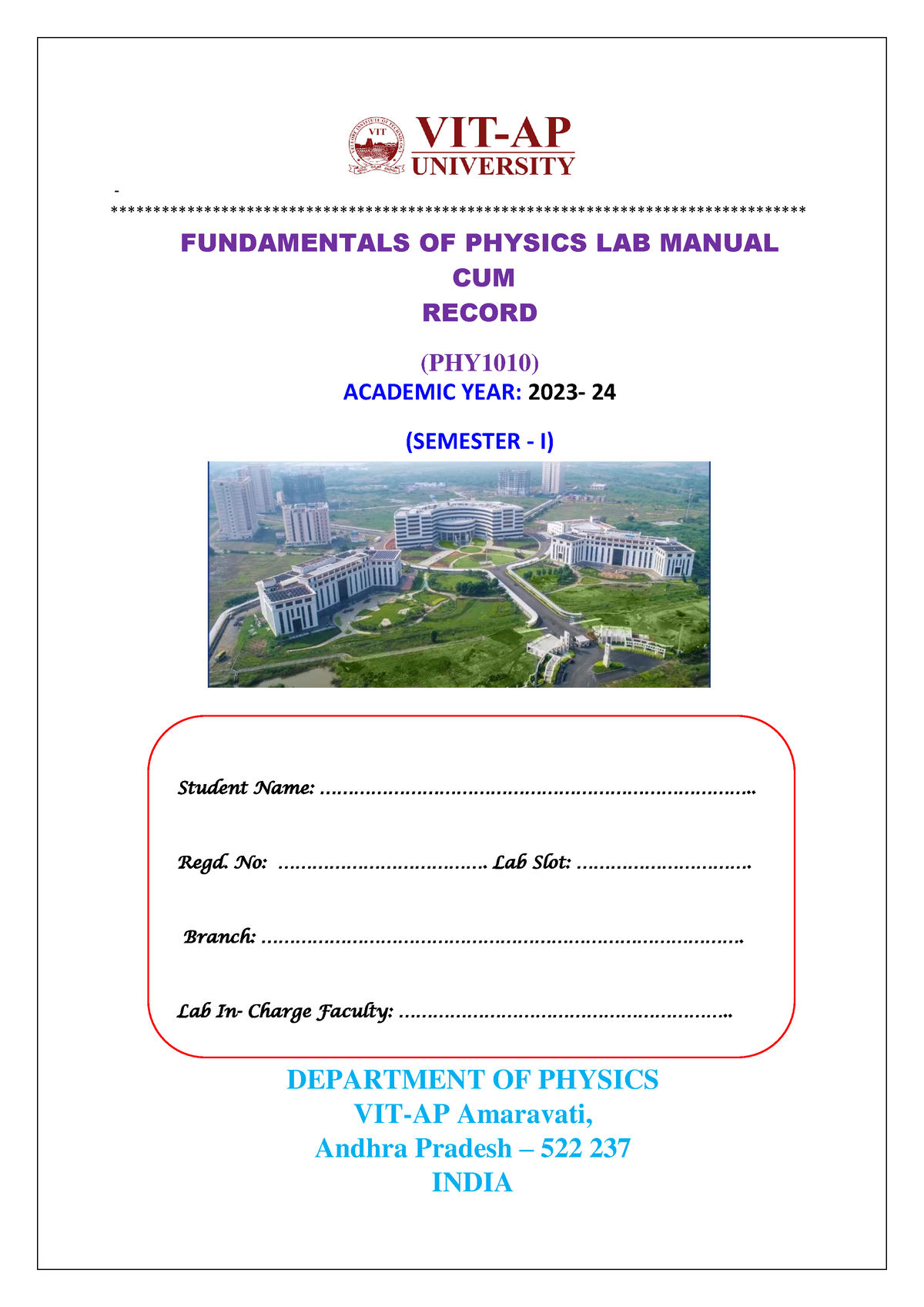 PHY1008 LAB Manual-1 - FUNDAMENTALS OF PHYSICS LAB MANUAL CUM RECORD ...