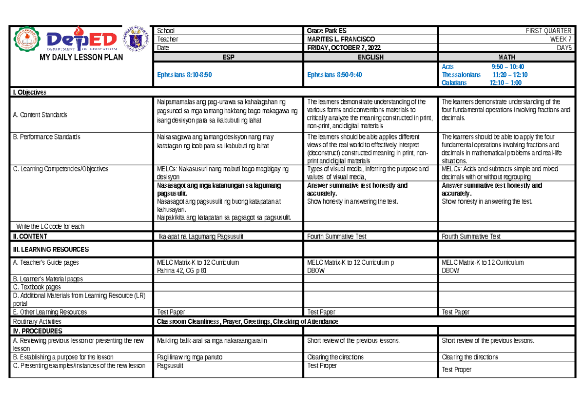Q1W7D5 - Lesson Plan in Math, ESP and Science for Grade 6 - MY DAILY ...
