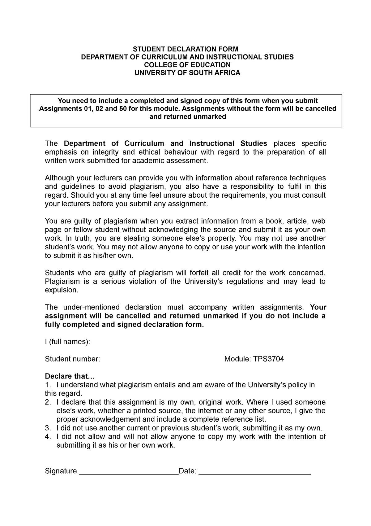 assignment declaration format