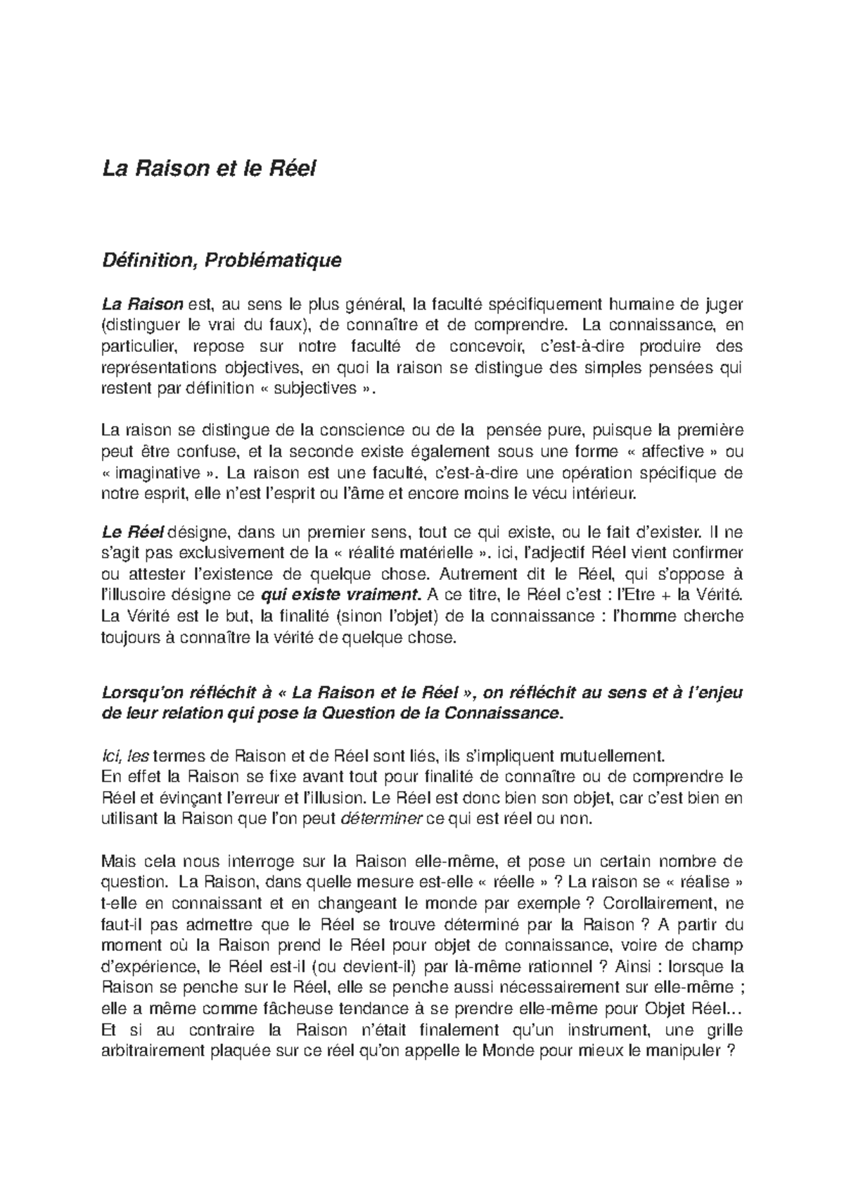 La Raison et le Réel (part 1) La Raison et le Réel Définition