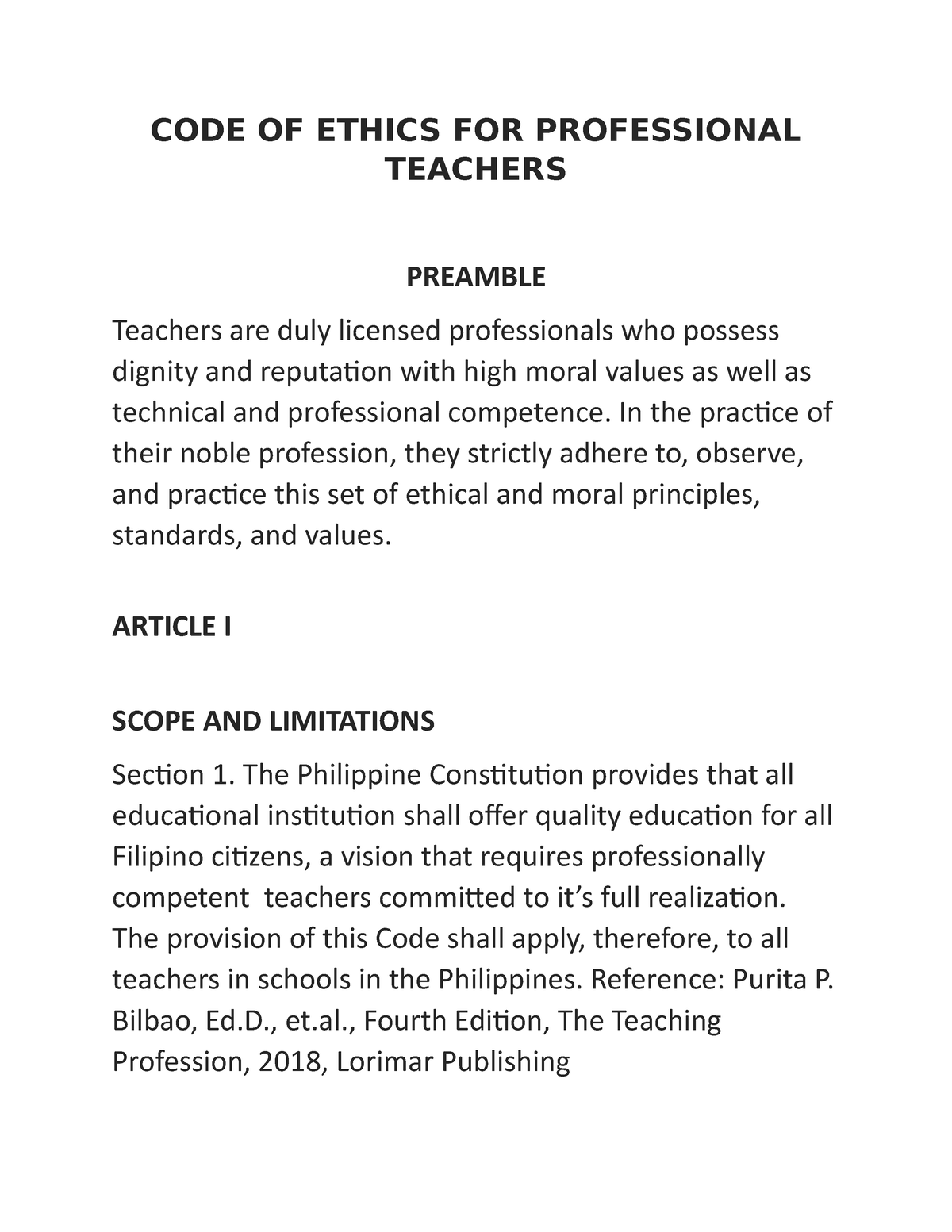 essay about code of ethics for professional teachers