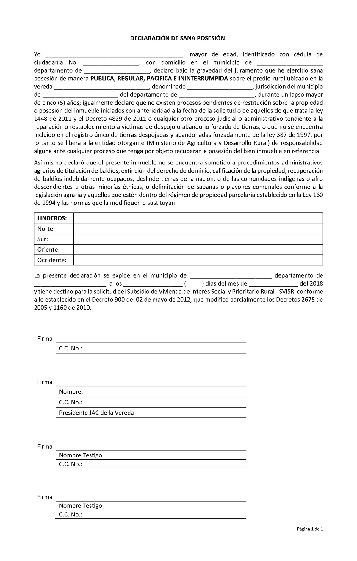 Formaro declaracion de sana posesion - Página 1 de 1 DECLARACIÓN DE SANA  POSESIÓN. Yo - Studocu