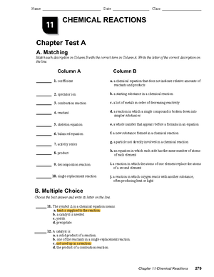Chapter 11 Test A - helpful. - CHEMICAL REACTIONS Chapter Test A A.  Matching Match each description - Studocu