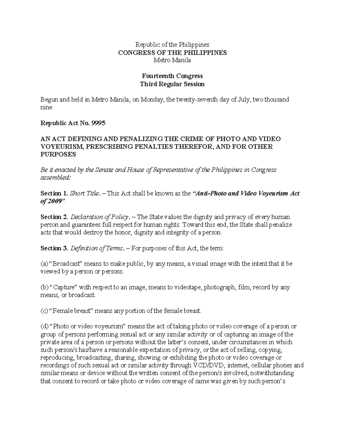 RA9995 - Republic of the Philippines CONGRESS OF THE PHILIPPINES Metro ...