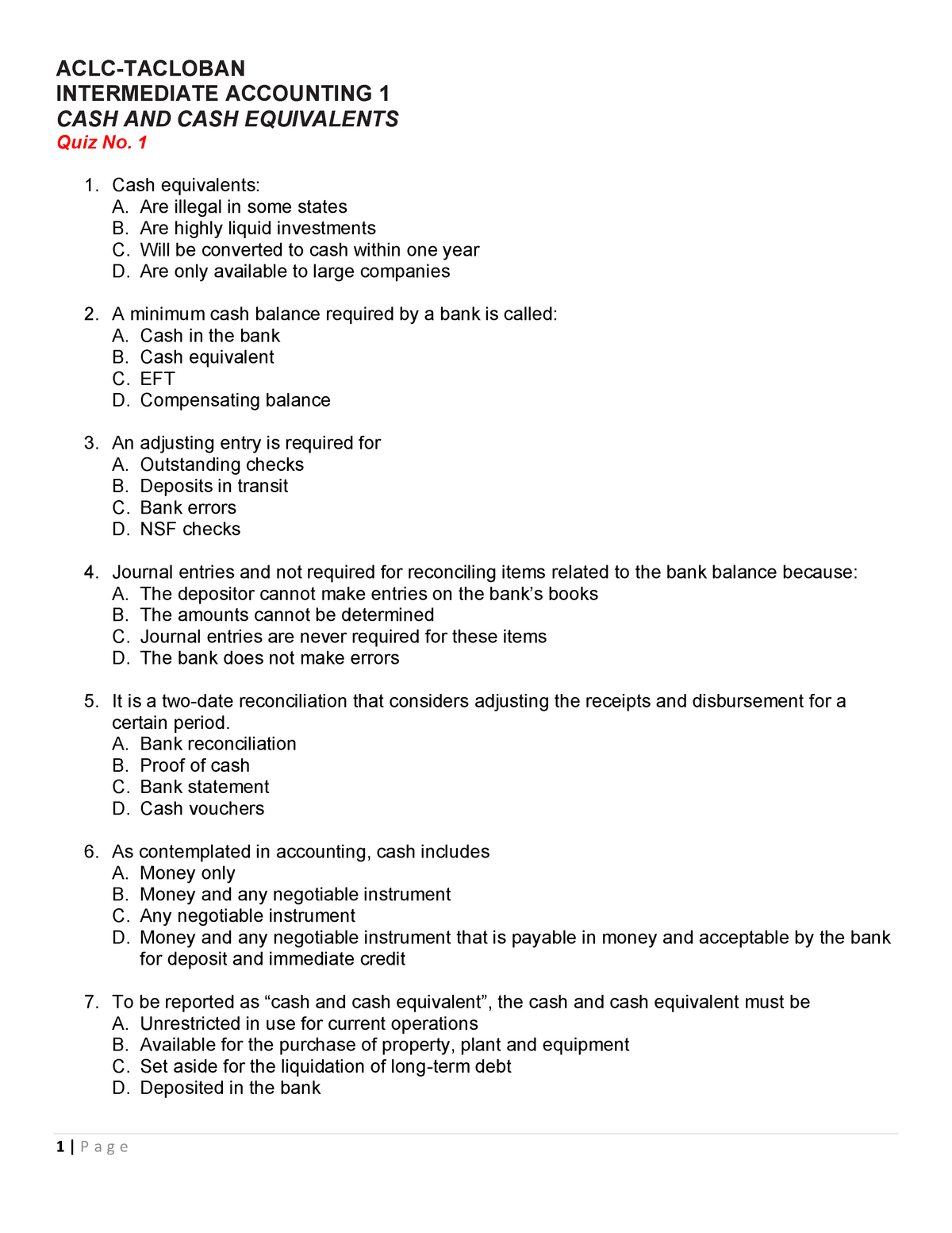 Quiz No. 1 - Cash And Cash Equivalents - ACLC-TACLOBAN INTERMEDIATE ...