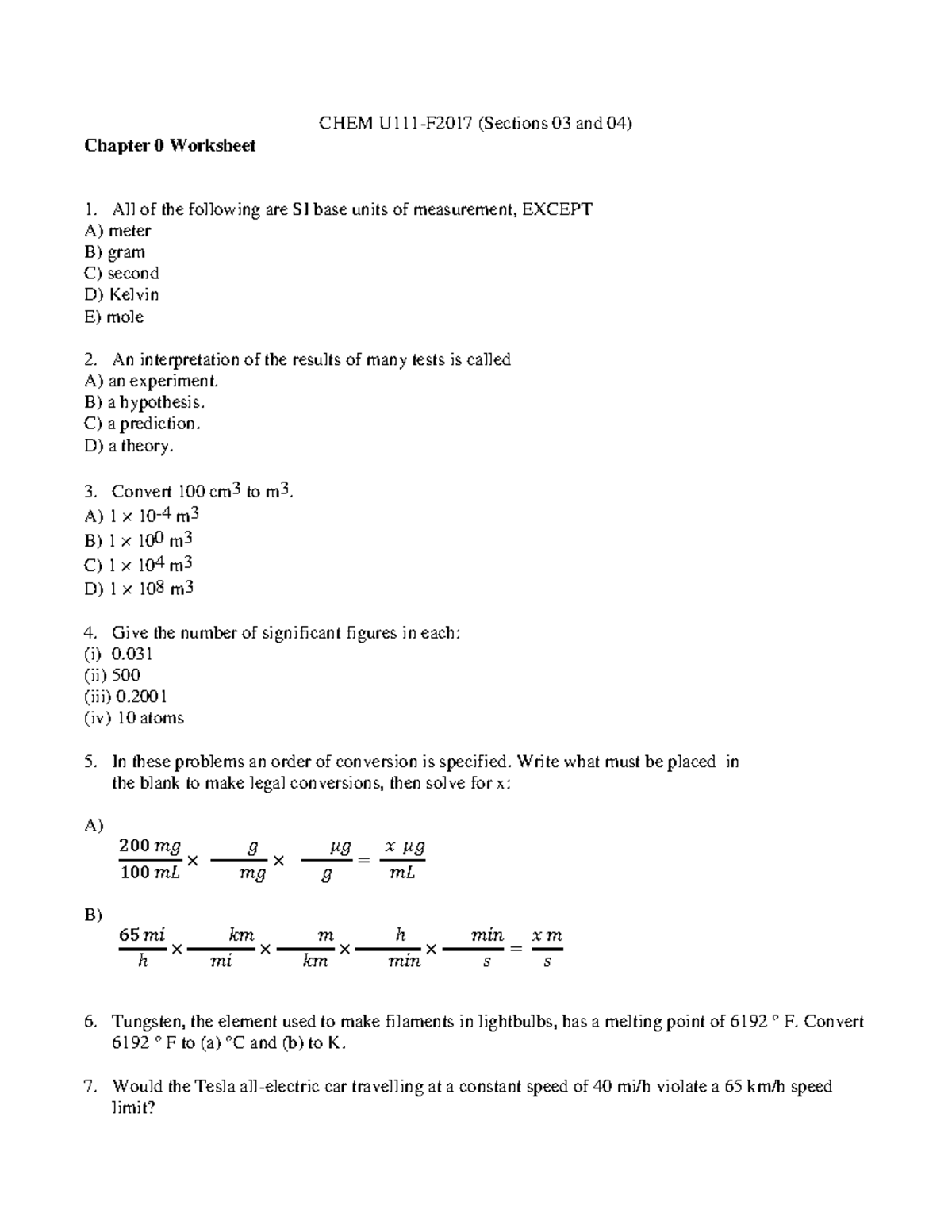 CHEM 111 Chapter 0 Worksheet and Key (CHEM U111)-201`7 - CHEM U111 ...