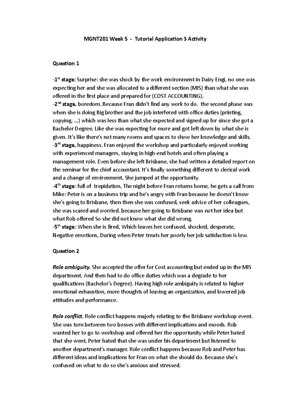 MGMT201 Tutorial Work Application 3 Dairy Engineering (answer
