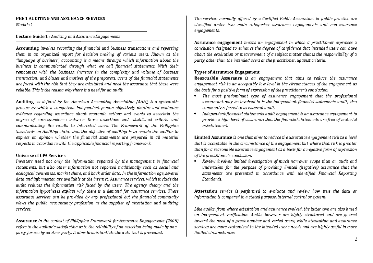 PRE 1 Auditing Principles Module 1 - PRE 1 AUDITING AND ASSURANCE ...