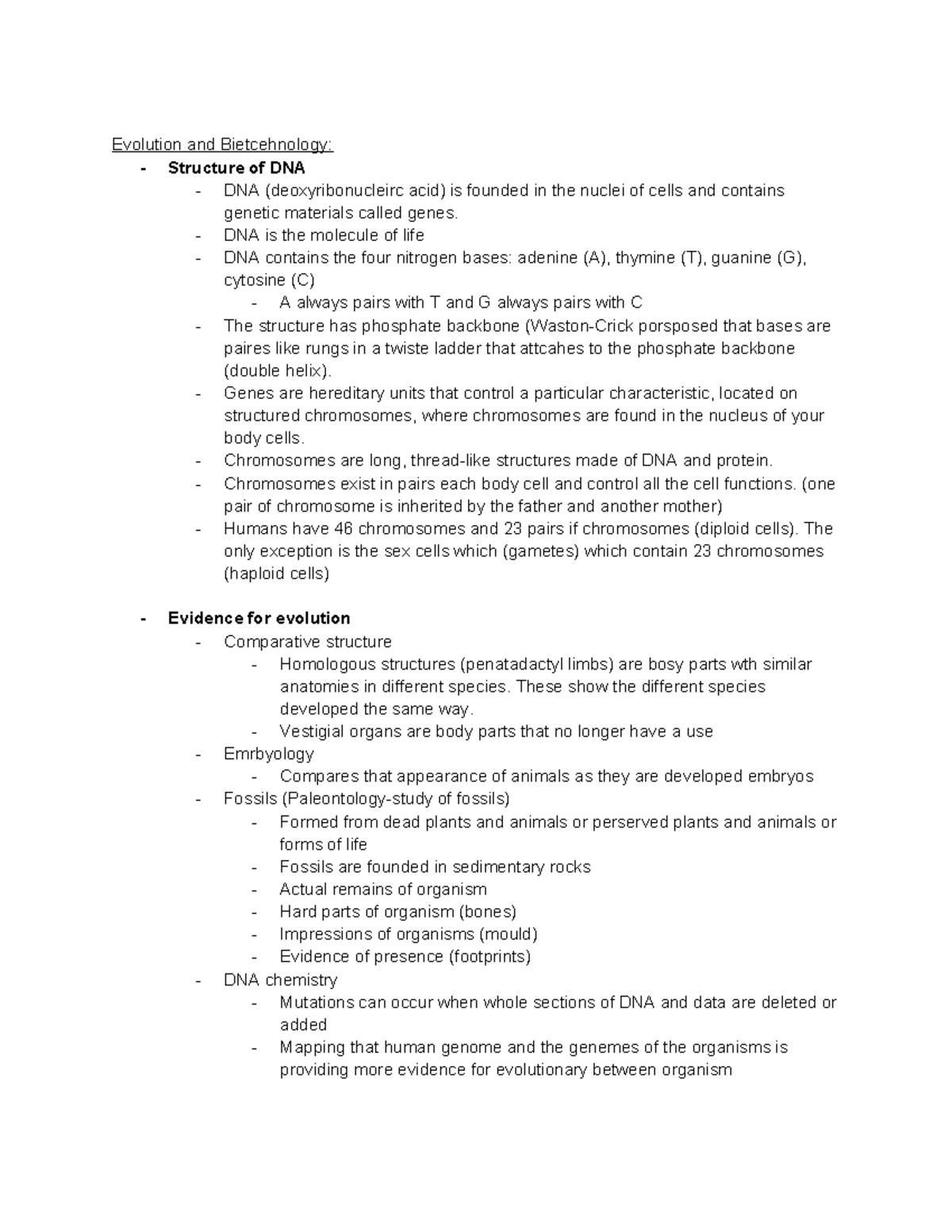 Science revision notes - Evolution and Bietcehnology: - Structure of ...