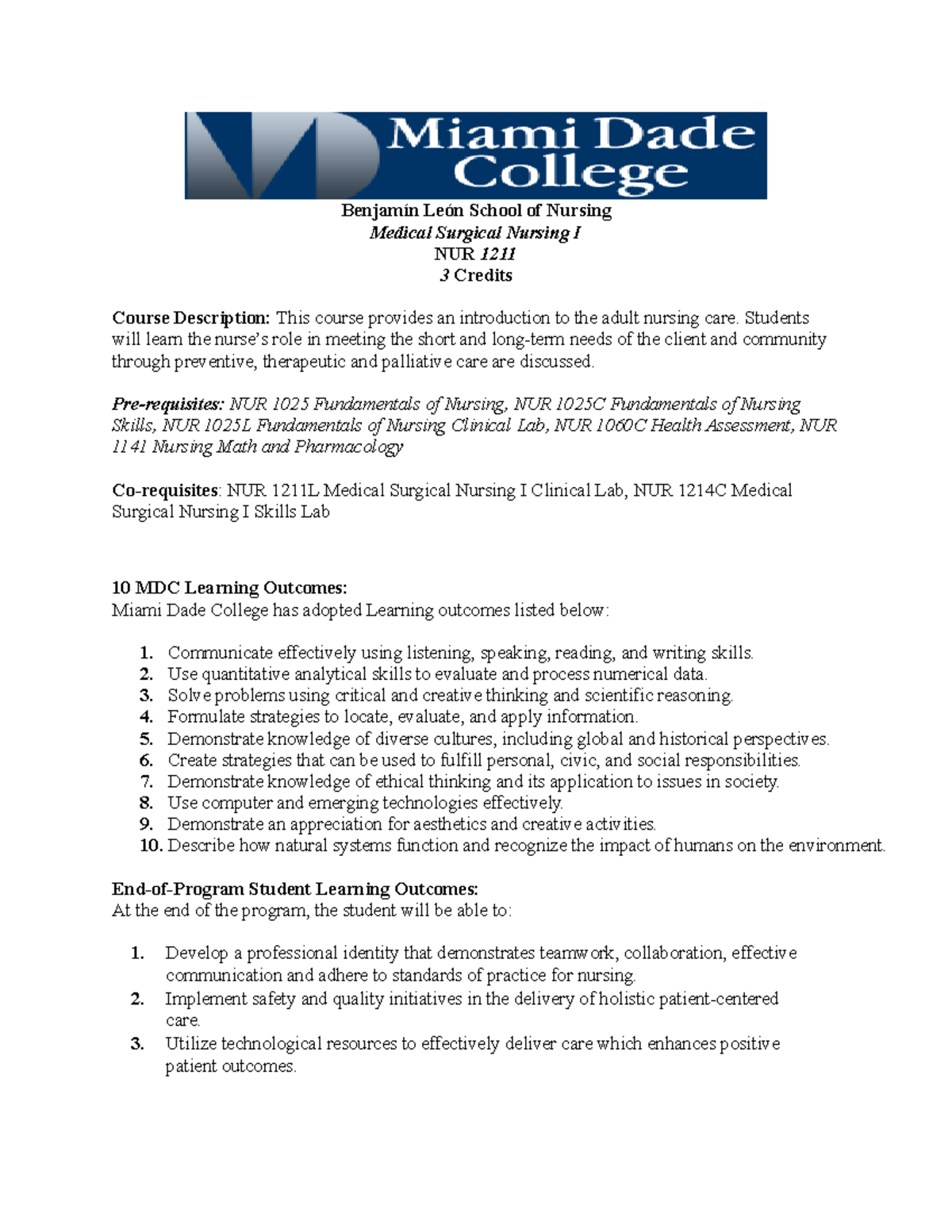 NUR 1211 Medical Surgical Nursing I Lecture Syllabus Summer 2023 (2)-1 ...