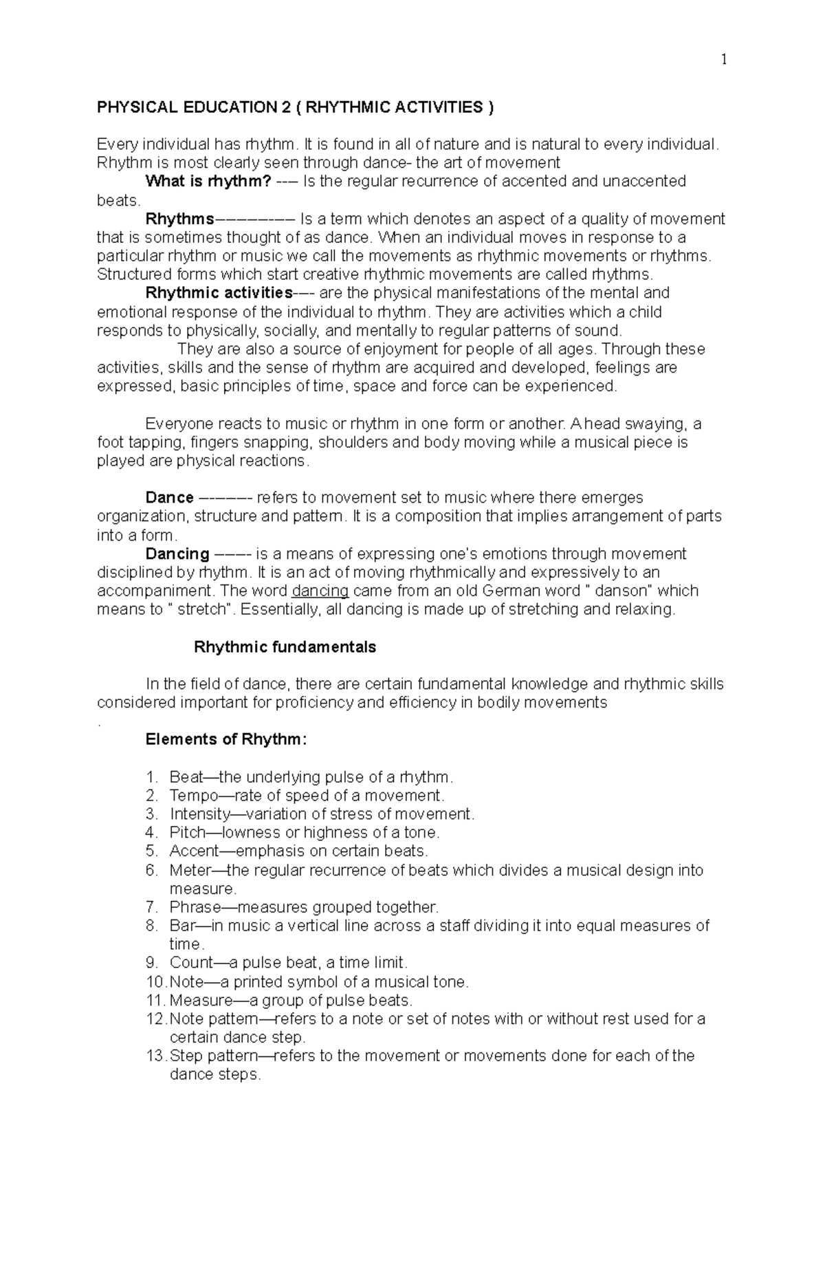 Pe 2 notes - Physical Education 2 - PHYSICAL EDUCATION 2 ( RHYTHMIC ...