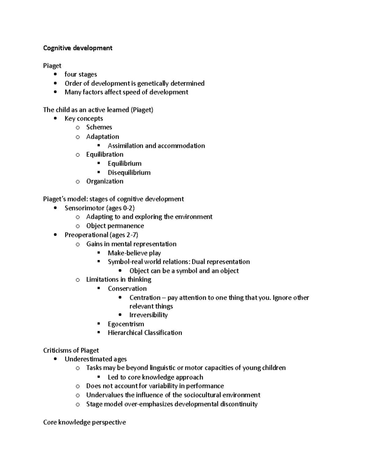 Exam 2 notes - Cognitive development Piaget four stages Order of ...