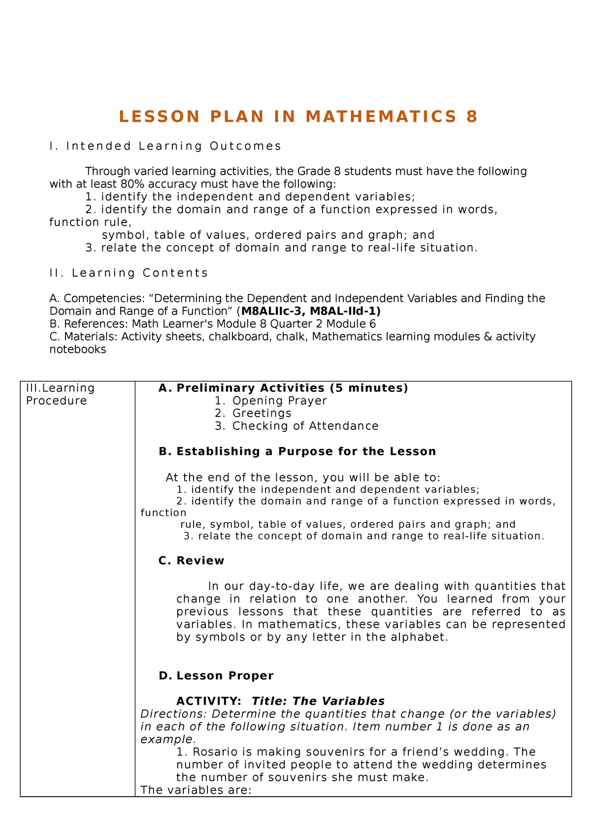 Determining domain and range - L E SS O N P L A N I N M AT H E M AT I C ...