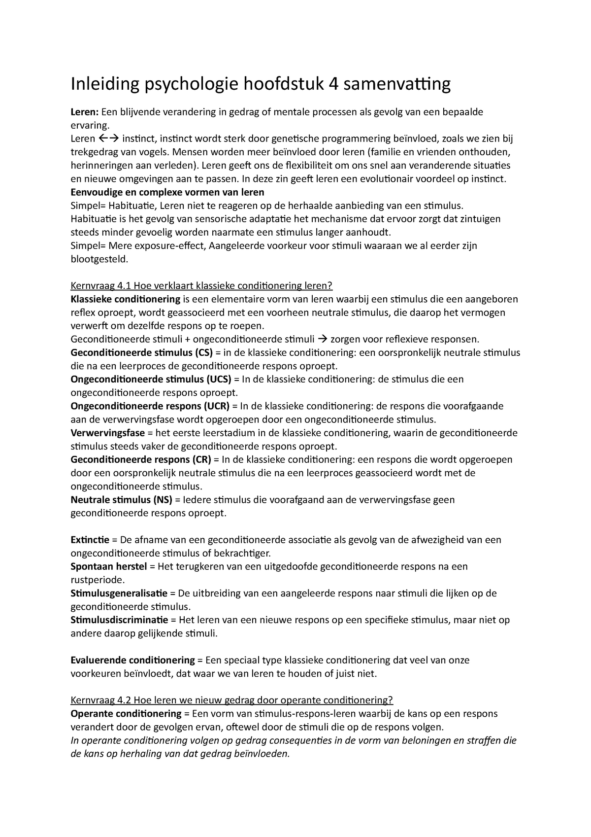 Inleiding Psychologie Hoofdstuk Samenvatting Inleiding Psychologie Hoofdstuk Samenvatting