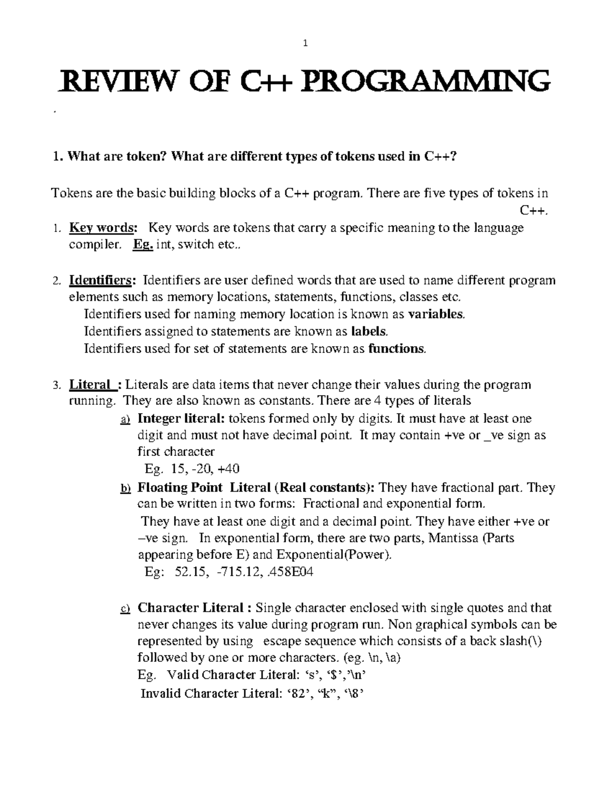 Review of C++ programming - 1. What are token? What are different types ...