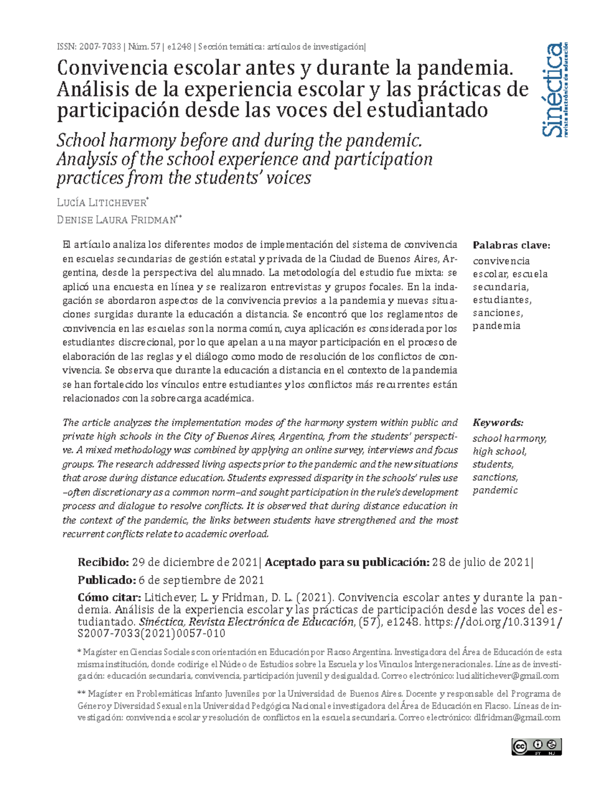 Convivencia escolar antes y durante la pandemia. Análisis de la ...