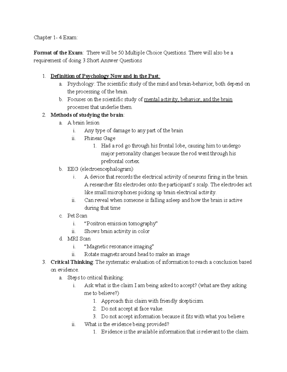 Psychology Exam 1 Study Guide - Chapter 1- 4 Exam: Format of the Exam ...