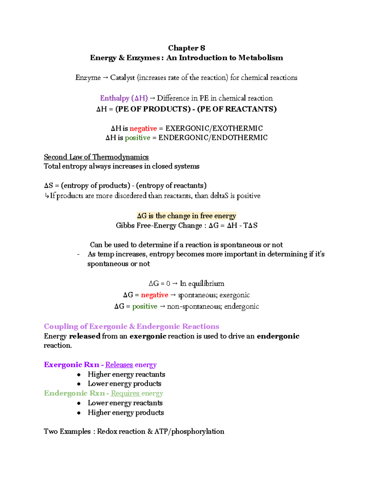 Chapter 8 Outline - Chapter 8 Energy & Enzymes : An Introduction To ...