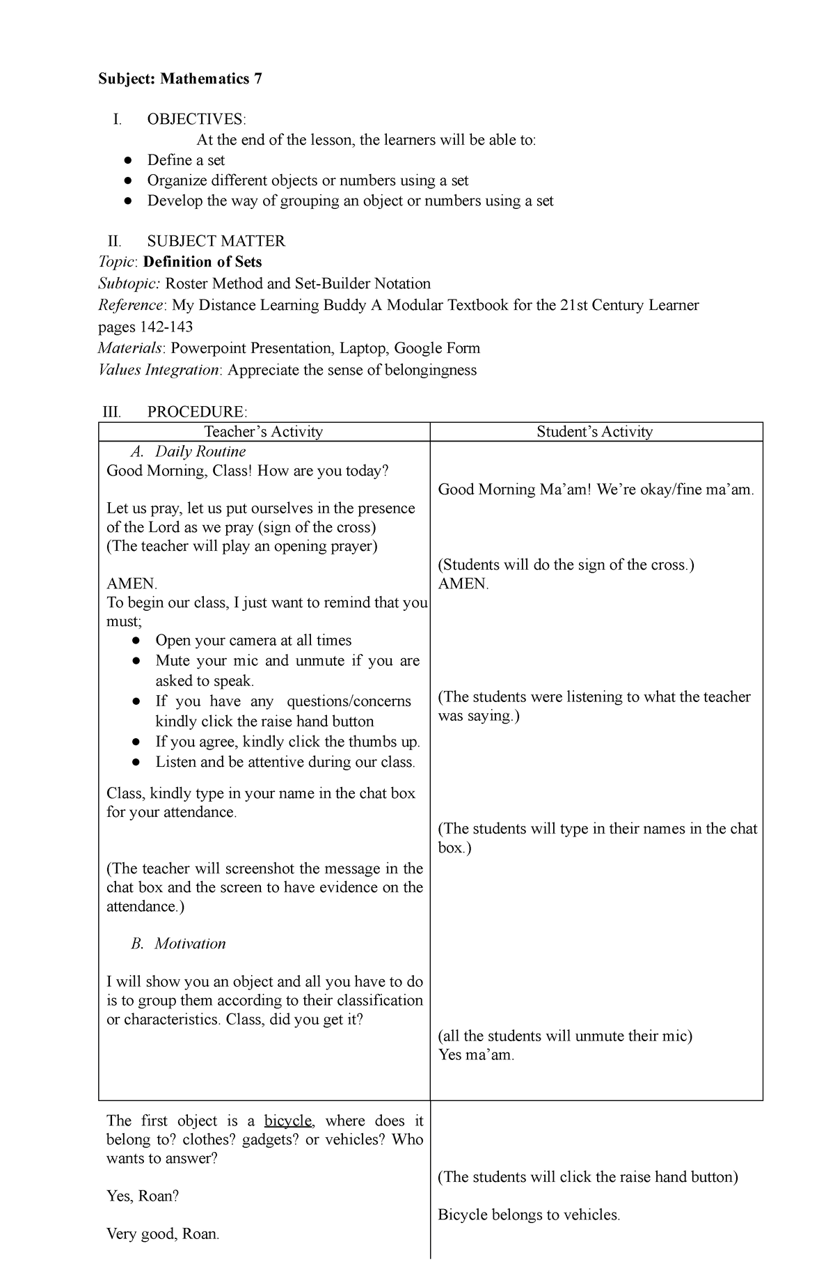 Definition of Sets - Lesson Plan - Subject: Mathematics 7 I. OBJECTIVES ...