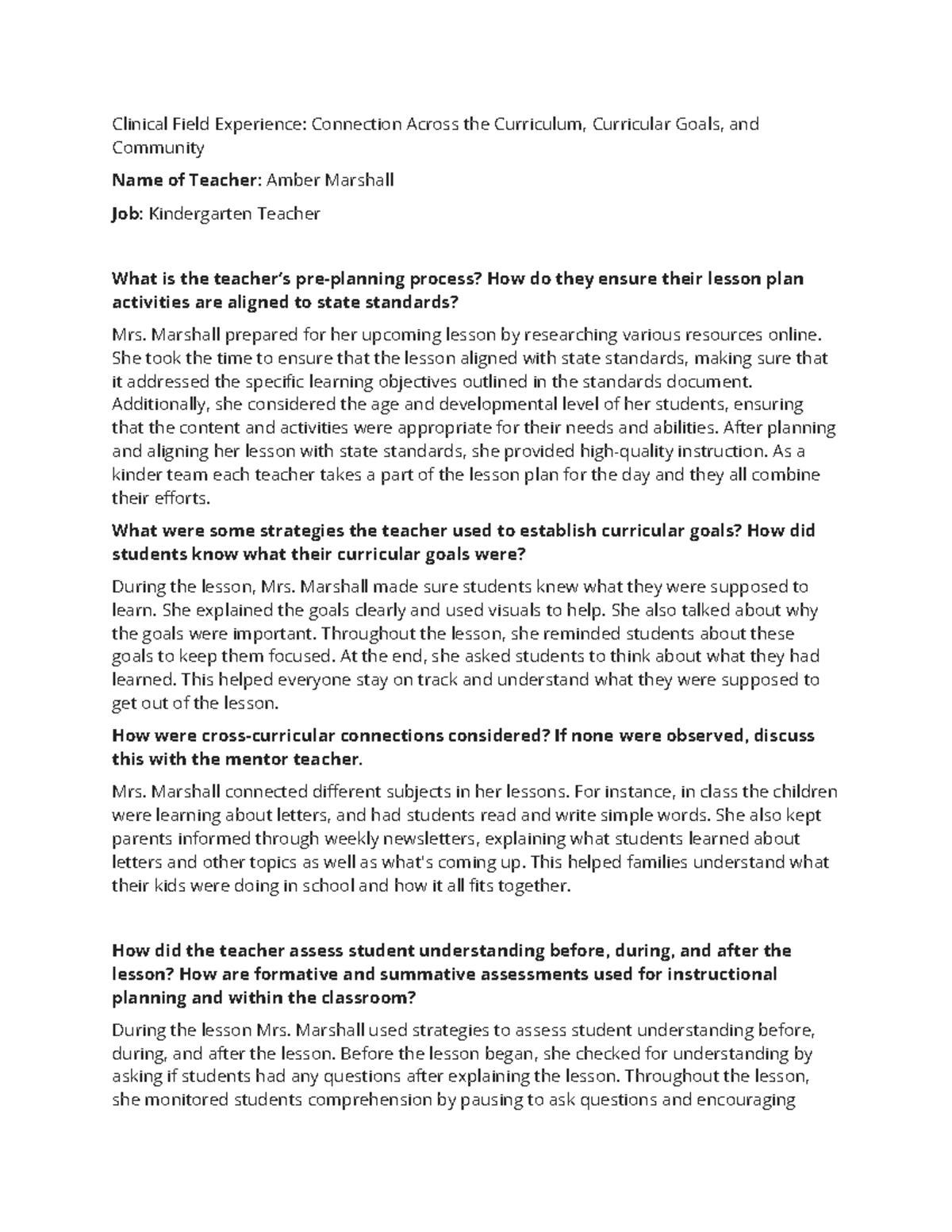 Clinical Field Experience Connection Across the Curriculum, Curricular ...